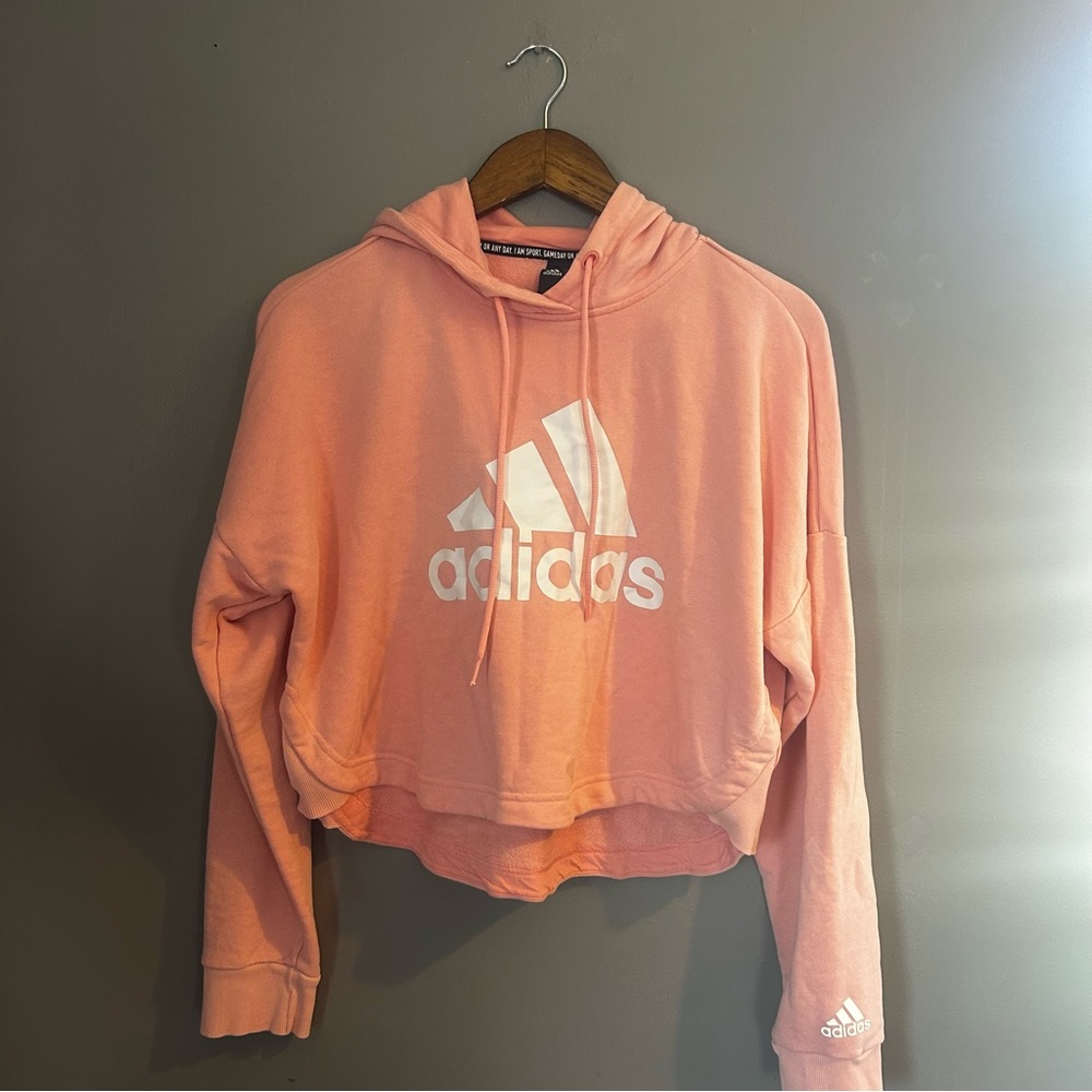 Adidas Cropped Hoodie Sweatshirt Coral Pink Logo Pullover Women’s Medium